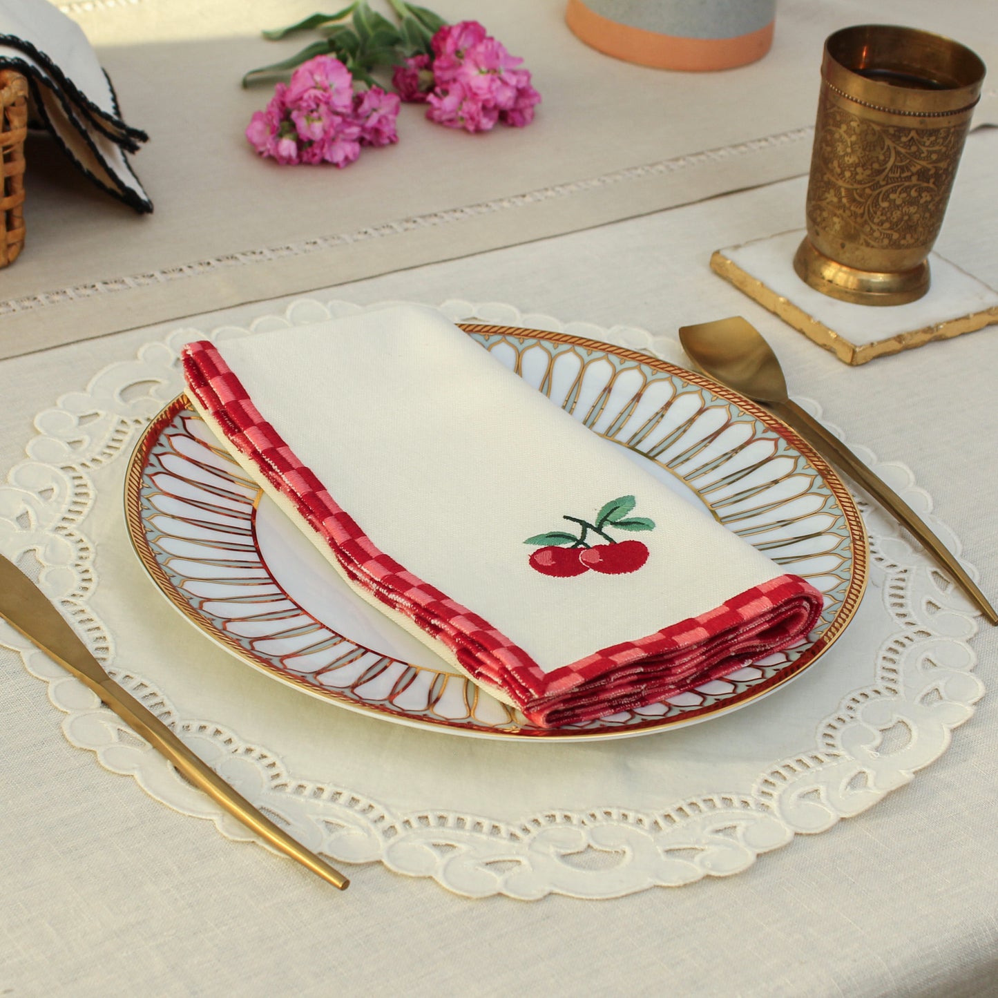 Red Orchid Napkin-Ecru