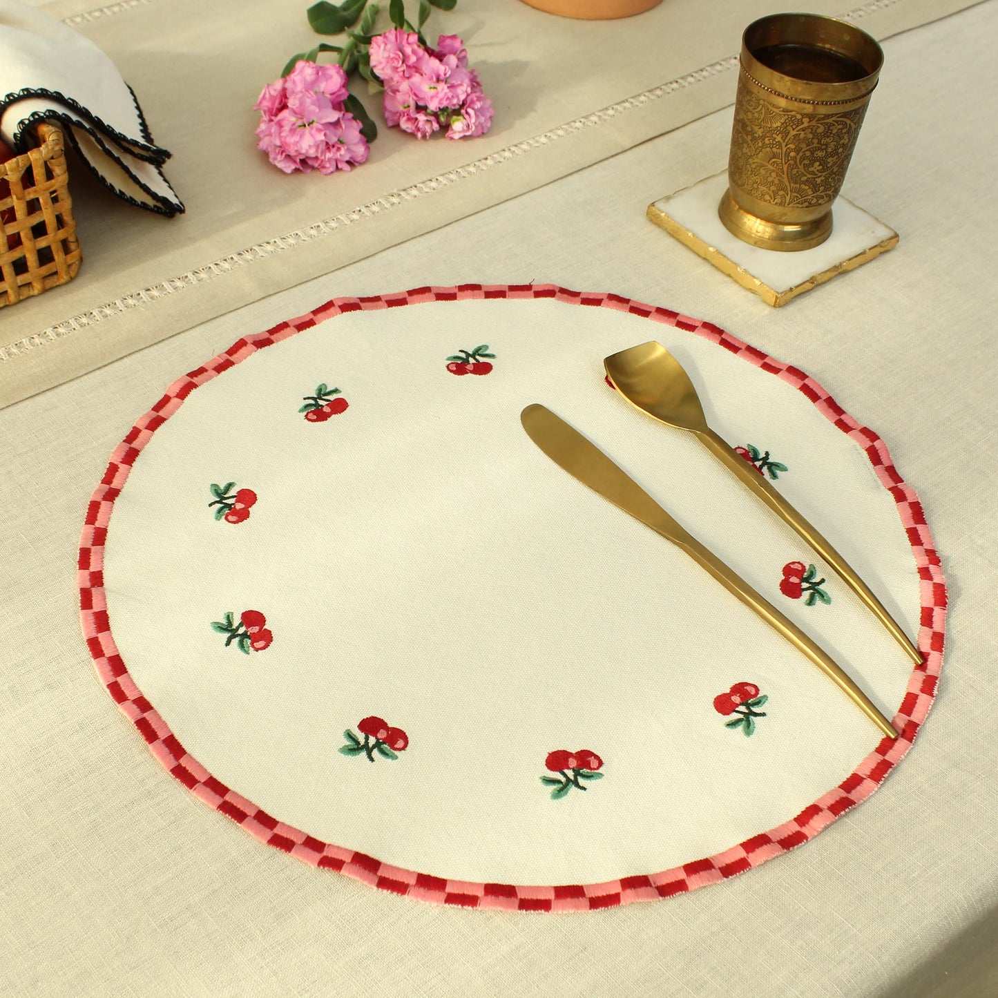 Red Orchid Placemat-Ecru